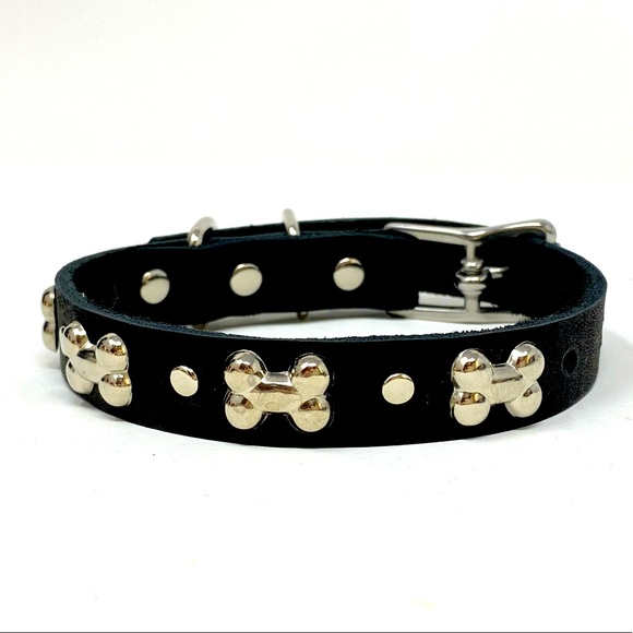 Hand Crafted Other - Brushed leather collar for small dog w/ bone motif